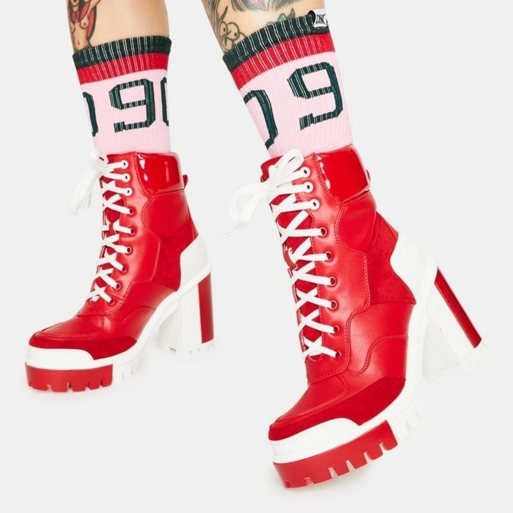 AZALEA WANG "Cherry Voltage" Platform Red and White Ankle Boots